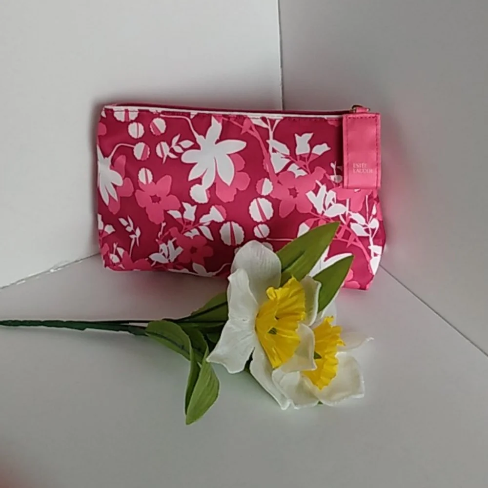 *Estee Lauder Cosmetic Bag Pink Floral Print‎ Makeup Pouch Zipper Pouch